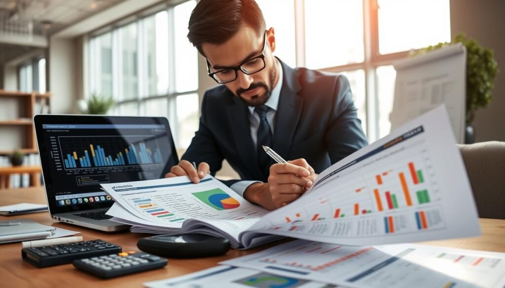 A professional-looking individual in business attire, intently examining a detailed construction bid document titled "Pliego". The foreground features a well-organized desk with tools like a calculator, notepad, and a laptop displaying graphs. In the middle, the individual is taking notes, surrounded by colorful charts and crucial project timelines. The background shows a modern office environment, with large windows allowing natural sunlight to illuminate the space, creating a warm and focused atmosphere. The image conveys a sense of determination and clarity, highlighting the importance of understanding requirements in the bidding process. The overall composition is sharp, taken from a slightly elevated angle to emphasize the action of reading and analyzing the documents.