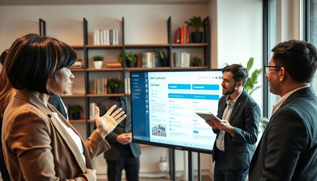 A professional looking office environment depicting a diverse group of individuals in business attire gathered around a large screen displaying the Secop II platform interface. In the foreground, a woman with short hair, gesturing thoughtfully as she points to a specific area on the screen focused on contract processes. In the middle ground, a man with glasses taking notes on a tablet, while another colleague stands nearby, engaged in conversation. The background shows shelves filled with books and potted plants, adding to a modern, collaborative atmosphere. Soft, warm lighting enhances the professionalism of the scene, captured from an angle slightly above eye level to convey an informative yet inviting mood, emphasizing teamwork and technology in effective contract consultation. A professional looking office environment depicting a diverse group of individuals in business attire gathered around a large screen displaying the Secop II platform interface. In the foreground, a woman with short hair, gesturing thoughtfully as she points to a specific area on the screen focused on contract processes. In the middle ground, a man with glasses taking notes on a tablet, while another colleague stands nearby, engaged in conversation. The background shows shelves filled with books and potted plants, adding to a modern, collaborative atmosphere. Soft, warm lighting enhances the professionalism of the scene, captured from an angle slightly above eye level to convey an informative yet inviting mood, emphasizing teamwork and technology in effective contract consultation.