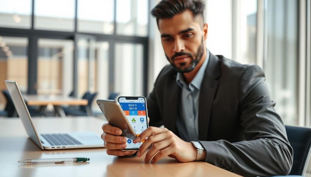 A professional-looking person seated at a modern desk, using a smartphone to access the SECOP II application. The foreground features the person, dressed in smart casual attire, with a focused expression while navigating the app interface. In the middle ground, the smartphone displays the SECOP II app with colorful graphics and clear icons, surrounded by a few office tools like a laptop, notepad, and pen. The background shows a bright and airy office space with large windows allowing natural light to illuminate the scene. The mood is productive and efficient, emphasizing technology and modern work processes. Ideal lighting highlights the smartphone screen, showcasing the app's usability. A professional-looking person seated at a modern desk, using a smartphone to access the SECOP II application. The foreground features the person, dressed in smart casual attire, with a focused expression while navigating the app interface. In the middle ground, the smartphone displays the SECOP II app with colorful graphics and clear icons, surrounded by a few office tools like a laptop, notepad, and pen. The background shows a bright and airy office space with large windows allowing natural light to illuminate the scene. The mood is productive and efficient, emphasizing technology and modern work processes. Ideal lighting highlights the smartphone screen, showcasing the app's usability.