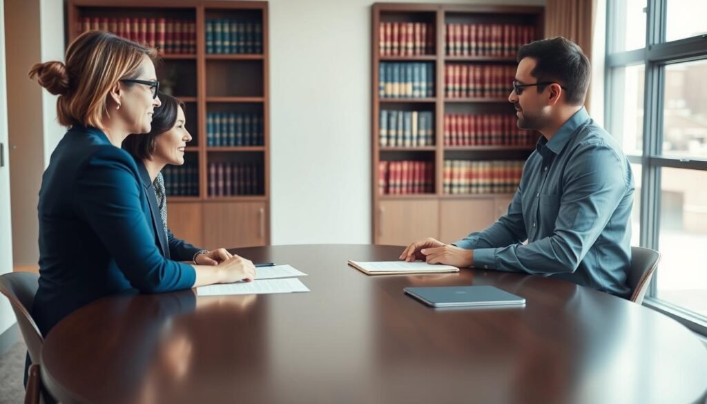 A professional mediator sitting at a round table in a well-lit conference room, engaged in a conciliatory discussion with two parties on opposite sides. The mediator, a middle-aged individual wearing a dark suit and glasses, actively listens, showing empathy and understanding. The two parties, a woman in a formal blue dress and a man in a collared shirt, both appear focused and respectful, with legal documents and a laptop in front of them. The background features a large window with light streaming in, illuminating a bookshelf filled with legal books. The mood is collaborative and hopeful, emphasizing resolution and dialogue, with a depth-of-field effect to draw attention to the participants while softly blurring the background. A professional mediator sitting at a round table in a well-lit conference room, engaged in a conciliatory discussion with two parties on opposite sides. The mediator, a middle-aged individual wearing a dark suit and glasses, actively listens, showing empathy and understanding. The two parties, a woman in a formal blue dress and a man in a collared shirt, both appear focused and respectful, with legal documents and a laptop in front of them. The background features a large window with light streaming in, illuminating a bookshelf filled with legal books. The mood is collaborative and hopeful, emphasizing resolution and dialogue, with a depth-of-field effect to draw attention to the participants while softly blurring the background.