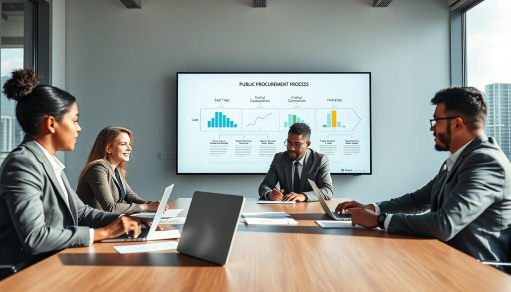 A professional meeting in a modern office setting focused on public procurement. In the foreground, a diverse group of three business professionals—one woman and two men—discussing a contract proposal with laptops and documents on the table, all dressed in smart business attire. The middle ground features a large conference table with a city skyline visible through floor-to-ceiling windows, allowing natural light to illuminate the scene. The wall behind them displays a large digital screen showing graphs and a flowchart illustrating the public procurement process. The atmosphere is collaborative and professional, emphasizing teamwork and legal success while fostering an environment of transparency and trust. The overall mood conveys a sense of diligence and strategic planning in public contracting.