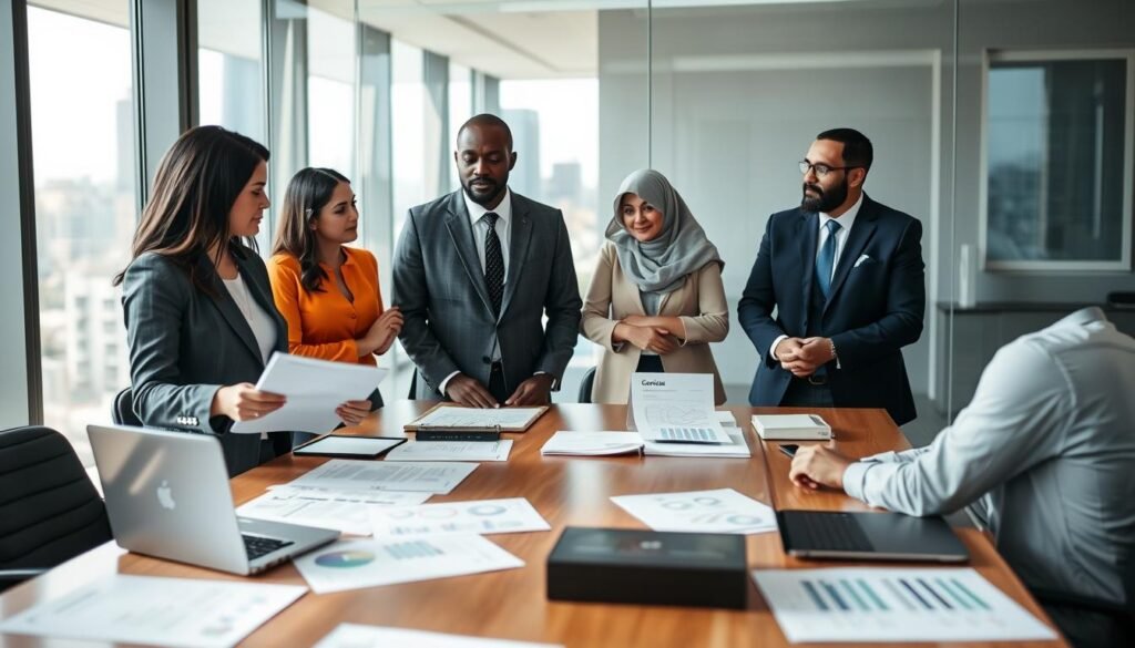 A professional meeting room featuring a diverse group of individuals engaged in a discussion about public procurement. In the foreground, a Hispanic woman in business attire is presenting documents on a tablet, while a Black man in a suit takes notes. Surrounding them are a Middle-Eastern woman and a Caucasian man, both dressed in smart casual clothing, listening intently. The middle ground shows a large table filled with contract-related paperwork, laptops, and business plan charts. The background features a cityscape view through a glass window, symbolizing modernity and opportunity. Natural light filters in, creating a bright, optimistic atmosphere, with a slight depth of field focusing on the group while the background remains slightly blurred. A professional meeting room featuring a diverse group of individuals engaged in a discussion about public procurement. In the foreground, a Hispanic woman in business attire is presenting documents on a tablet, while a Black man in a suit takes notes. Surrounding them are a Middle-Eastern woman and a Caucasian man, both dressed in smart casual clothing, listening intently. The middle ground shows a large table filled with contract-related paperwork, laptops, and business plan charts. The background features a cityscape view through a glass window, symbolizing modernity and opportunity. Natural light filters in, creating a bright, optimistic atmosphere, with a slight depth of field focusing on the group while the background remains slightly blurred.