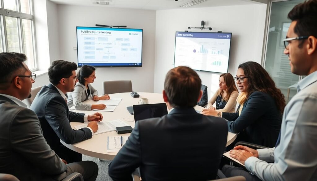 A professional meeting room filled with diverse individuals engaged in discussions about public procurement in Colombia. In the foreground, a group of three business professionals, dressed in suits, are reviewing documents and contracts with focused expressions. The middle-ground features a large round table with laptops, papers, and a presentation screen displaying flowcharts and data related to state contracting. Background elements include a modern office setting with large windows allowing natural light to flood the space, creating a bright and inspiring atmosphere. The lighting is soft yet clear, highlighting the participants' expressions and the documents on the table, focusing on collaboration and strategic planning in the public sector. A professional meeting room filled with diverse individuals engaged in discussions about public procurement in Colombia. In the foreground, a group of three business professionals, dressed in suits, are reviewing documents and contracts with focused expressions. The middle-ground features a large round table with laptops, papers, and a presentation screen displaying flowcharts and data related to state contracting. Background elements include a modern office setting with large windows allowing natural light to flood the space, creating a bright and inspiring atmosphere. The lighting is soft yet clear, highlighting the participants' expressions and the documents on the table, focusing on collaboration and strategic planning in the public sector.