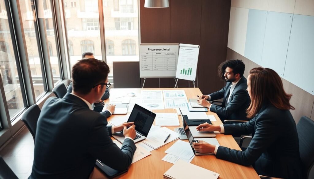 A professional meeting room filled with diverse public officials discussing public procurement contracts. In the foreground, a group of three individuals in formal business attire, two men and one woman, are engaged in a focused conversation, using laptops and documents. In the middle ground, a large conference table cluttered with papers, charts, and a whiteboard displaying procurement strategies, highlighting the serious nature of their work. The background features a large window allowing natural light to spill in, casting a warm glow over the scene. The overall mood is collaborative and determined, emphasizing the importance of public servants in administration. The angle is slightly elevated, providing a clear view of the group dynamics and the vibrant atmosphere of professional engagement.