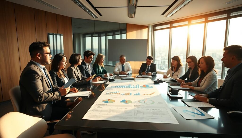 A professional meeting room focused on the public bidding process in Colombia. In the foreground, a diverse group of individuals in business attire, engaged in discussion, with documents and digital tablets in hand. The middle of the image features a large conference table displaying charts, graphs, and printouts illustrating the key characteristics of public tendering, such as transparency, competition, and fairness. In the background, a large window reveals a cityscape, bathed in natural light, suggesting a productive environment. The atmosphere is one of collaboration and determination, with bright, warm lighting creating an inviting yet serious mood. A wide-angle lens captures the entire scene, emphasizing the importance of teamwork in the contracting process. A professional meeting room focused on the public bidding process in Colombia. In the foreground, a diverse group of individuals in business attire, engaged in discussion, with documents and digital tablets in hand. The middle of the image features a large conference table displaying charts, graphs, and printouts illustrating the key characteristics of public tendering, such as transparency, competition, and fairness. In the background, a large window reveals a cityscape, bathed in natural light, suggesting a productive environment. The atmosphere is one of collaboration and determination, with bright, warm lighting creating an inviting yet serious mood. A wide-angle lens captures the entire scene, emphasizing the importance of teamwork in the contracting process.