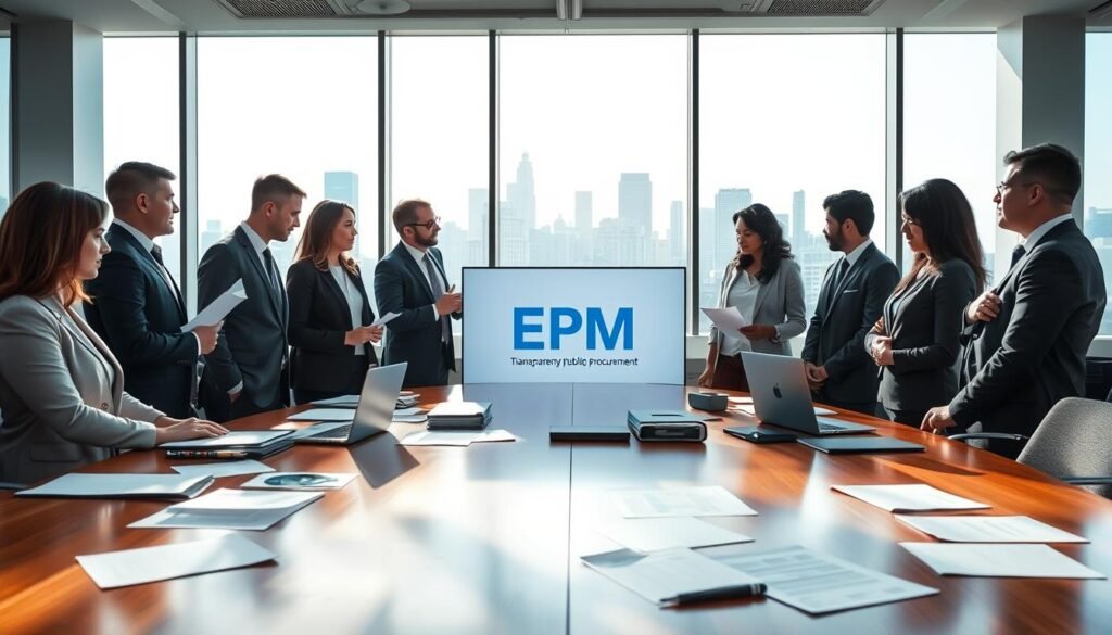 A professional meeting room focused on transparency in public procurement. In the foreground, a diverse group of business professionals in formal attire, discussing documents and analyzing charts on a large screen displaying the EPM logo. The middle ground features a round table cluttered with papers and laptops, with light reflecting off the polished wood surface. In the background, large windows let in natural daylight, illuminating a city skyline, symbolizing progress and transparency. The atmosphere is serious yet collaborative, conveying a sense of purpose and integrity. The image has a bright, inviting lighting scheme, with a focus on clear details and sharp contrasts, shot from a slightly elevated angle for a dynamic perspective.