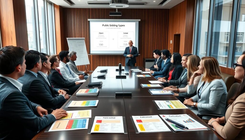 A professional meeting room set in a Colombian government building, filled with diverse business professionals in formal attire, engaged in a discussion about public bidding types. In the foreground, a large table holds colorful documents and brochures illustrating different types of licitations: open, invited, and restricted. The middle ground features a whiteboard with diagrams comparing these types, while a projector displays relevant statistics. The background shows tall windows with natural light streaming in, giving an optimistic and focused atmosphere. Capture the scene with a slightly elevated angle to emphasize the collaboration and strategic planning, using soft diffusion lighting to create a welcoming and professional mood. A professional meeting room set in a Colombian government building, filled with diverse business professionals in formal attire, engaged in a discussion about public bidding types. In the foreground, a large table holds colorful documents and brochures illustrating different types of licitations: open, invited, and restricted. The middle ground features a whiteboard with diagrams comparing these types, while a projector displays relevant statistics. The background shows tall windows with natural light streaming in, giving an optimistic and focused atmosphere. Capture the scene with a slightly elevated angle to emphasize the collaboration and strategic planning, using soft diffusion lighting to create a welcoming and professional mood.