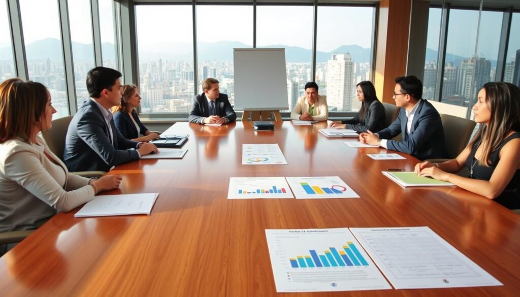 A professional meeting room set up for a public bidding process in Colombia. In the foreground, a polished wooden conference table with diverse participants in business attire, engaged in discussions. The middle ground features presentation materials, including colorful graphs and documents detailing the bidding process. Background elements include large windows revealing a cityscape of Bogotá, with the Andes mountains faintly visible. Soft, natural lighting floods the room, creating a collaborative atmosphere. The image captures a moment of focus and determination, emphasizing professionalism and the significance of public procurement, showcasing what makes public bidding unique in Colombia. A professional meeting room set up for a public bidding process in Colombia. In the foreground, a polished wooden conference table with diverse participants in business attire, engaged in discussions. The middle ground features presentation materials, including colorful graphs and documents detailing the bidding process. Background elements include large windows revealing a cityscape of Bogotá, with the Andes mountains faintly visible. Soft, natural lighting floods the room, creating a collaborative atmosphere. The image captures a moment of focus and determination, emphasizing professionalism and the significance of public procurement, showcasing what makes public bidding unique in Colombia.