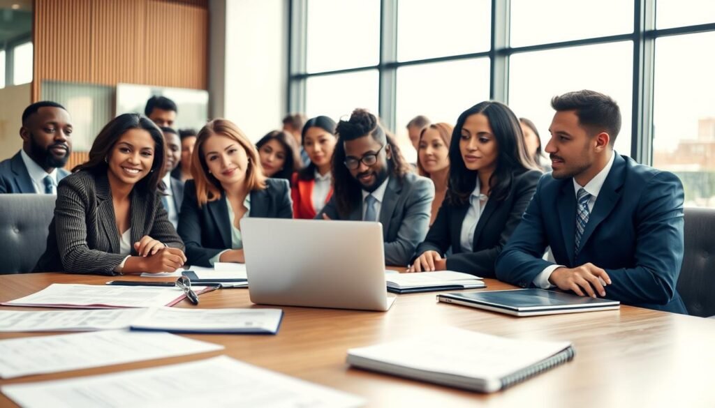 A professional meeting room setting filled with diverse individuals in business attire, engaged in discussion about public contracts. In the foreground, a table with documents, a laptop, and a notebook filled with notes. The middle ground reveals a multi-cultural group of professionals, focused and collaborating, with a mix of male and female participants. The background showcases a large window letting in natural light, adding a warm atmosphere. The overall mood is one of concentration and teamwork, reflecting a serious yet optimistic approach to winning public sector contracts. The image is shot with a soft focus for a warm, inviting feel, emphasizing the importance of collaboration and professional growth.