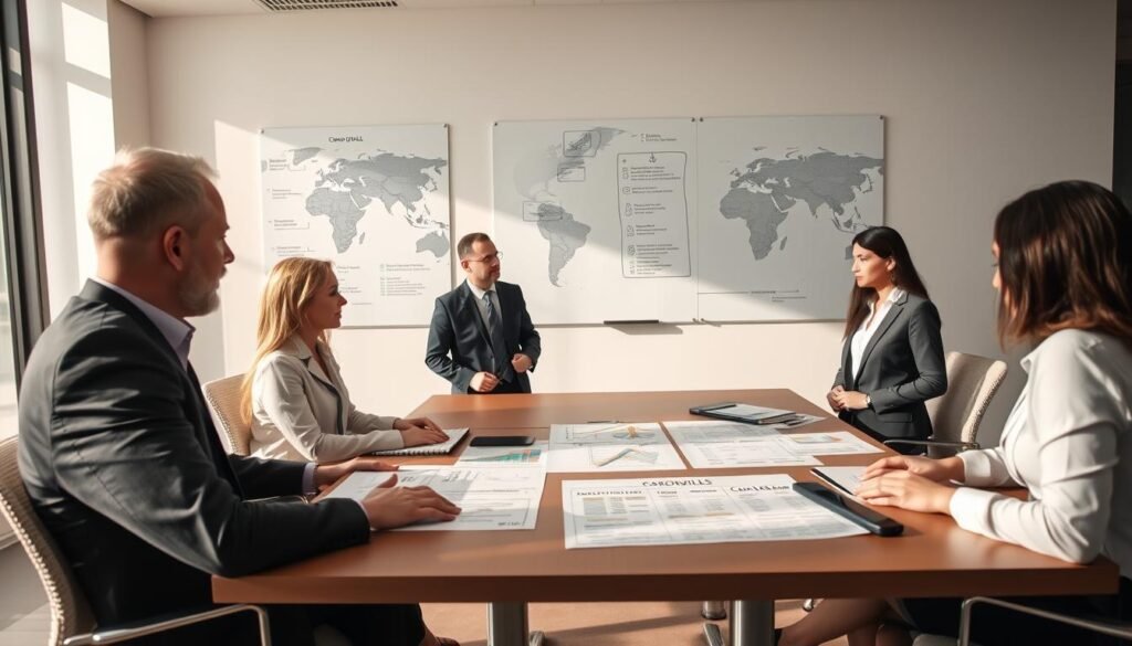 A professional meeting room setting showcasing the concept of contractor selection modalities in Colombia. In the foreground, a diverse group of business professionals—two men and two women—are engaged in a discussion, wearing formal business attire. The middle ground features a large table with documents and charts outlining contractor selection criteria, including visuals of varying project sizes and categories. In the background, a whiteboard is filled with diagrams representing different modalities of contracting, accompanied by a world map emphasizing Colombia. Soft, natural lighting floods the room, creating a productive and focused atmosphere, while a wide-angle lens captures the dynamic interaction among participants, promoting collaboration and clarity in understanding the contracting process. A professional meeting room setting showcasing the concept of contractor selection modalities in Colombia. In the foreground, a diverse group of business professionals—two men and two women—are engaged in a discussion, wearing formal business attire. The middle ground features a large table with documents and charts outlining contractor selection criteria, including visuals of varying project sizes and categories. In the background, a whiteboard is filled with diagrams representing different modalities of contracting, accompanied by a world map emphasizing Colombia. Soft, natural lighting floods the room, creating a productive and focused atmosphere, while a wide-angle lens captures the dynamic interaction among participants, promoting collaboration and clarity in understanding the contracting process.
