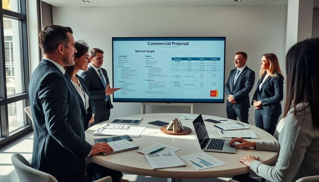 A professional meeting room setting with a diverse group of men and women dressed in smart business attire, discussing a commercial proposal. In the foreground, a confident businesswoman gestures towards a detailed proposal displayed on a large screen, highlighting costs and service scope. The middle of the image features a round conference table covered with documents, charts, and a laptop, emphasizing collaboration and strategic planning. The background includes a large window with natural light pouring in, providing a bright and inviting atmosphere. Soft shadows create a sense of depth, while a modern design adds an air of professionalism. The mood is focused and determined, capturing the essence of a strong commercial service presentation. A professional meeting room setting with a diverse group of men and women dressed in smart business attire, discussing a commercial proposal. In the foreground, a confident businesswoman gestures towards a detailed proposal displayed on a large screen, highlighting costs and service scope. The middle of the image features a round conference table covered with documents, charts, and a laptop, emphasizing collaboration and strategic planning. The background includes a large window with natural light pouring in, providing a bright and inviting atmosphere. Soft shadows create a sense of depth, while a modern design adds an air of professionalism. The mood is focused and determined, capturing the essence of a strong commercial service presentation.