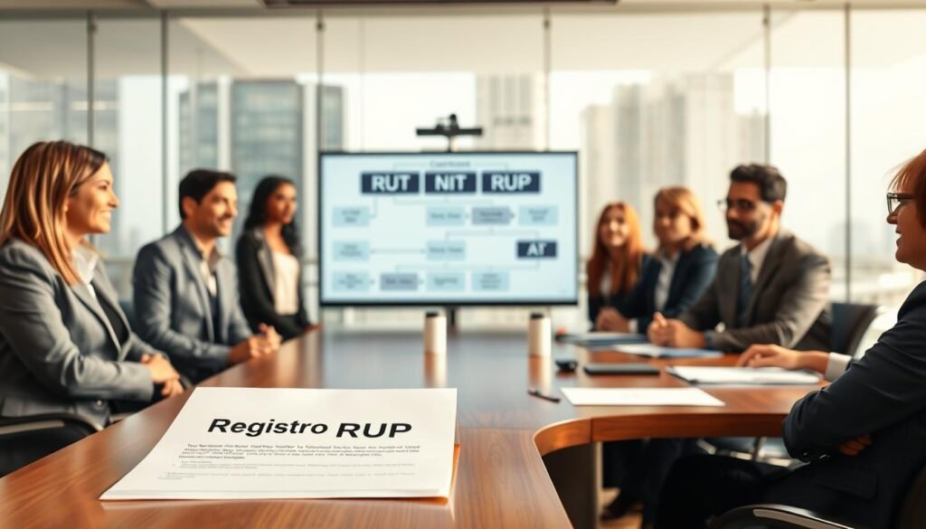 A professional meeting room setting with a sleek, modern table in the foreground, displaying a large document labeled "Registro RUP" prominently. Diverse business professionals are engaged in discussion, dressed in business attire, showcasing a mix of genders and ethnicities. In the middle ground, a projector is displaying a flowchart related to contracting with public entities in Colombia, illustrating steps for RUT, NIT, and RUP. The background features a glass wall with a view of a cityscape, conveying a sense of professionalism and activity. Bright, natural lighting pours in, creating a warm and inviting atmosphere. The lens captures the scene from a slightly elevated angle, highlighting the collaboration and focus on compliance and documentation in a business context.