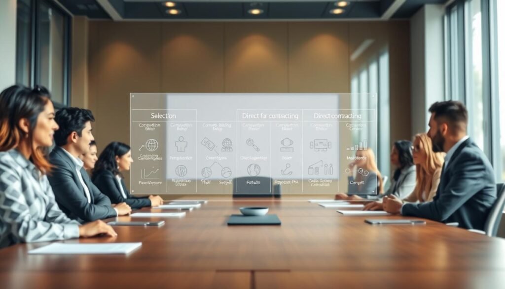 A professional meeting room with a large table in the foreground, showcasing a diverse group of business professionals in business attire discussing various selection processes for public bidding in Colombia. In the middle, a transparent digital display board illustrates the different types and modalities of selection: competitive bidding, direct contracting, and other relevant processes, each depicted with icons and flowcharts. The background features a large window, allowing natural light to illuminate the room, creating a bright and engaging atmosphere. A soft lens blur enhances the focus on the professionals and the display, conveying a mood of collaboration and decision-making. The overall atmosphere is dynamic yet formal, suitable for a business context. A professional meeting room with a large table in the foreground, showcasing a diverse group of business professionals in business attire discussing various selection processes for public bidding in Colombia. In the middle, a transparent digital display board illustrates the different types and modalities of selection: competitive bidding, direct contracting, and other relevant processes, each depicted with icons and flowcharts. The background features a large window, allowing natural light to illuminate the room, creating a bright and engaging atmosphere. A soft lens blur enhances the focus on the professionals and the display, conveying a mood of collaboration and decision-making. The overall atmosphere is dynamic yet formal, suitable for a business context.