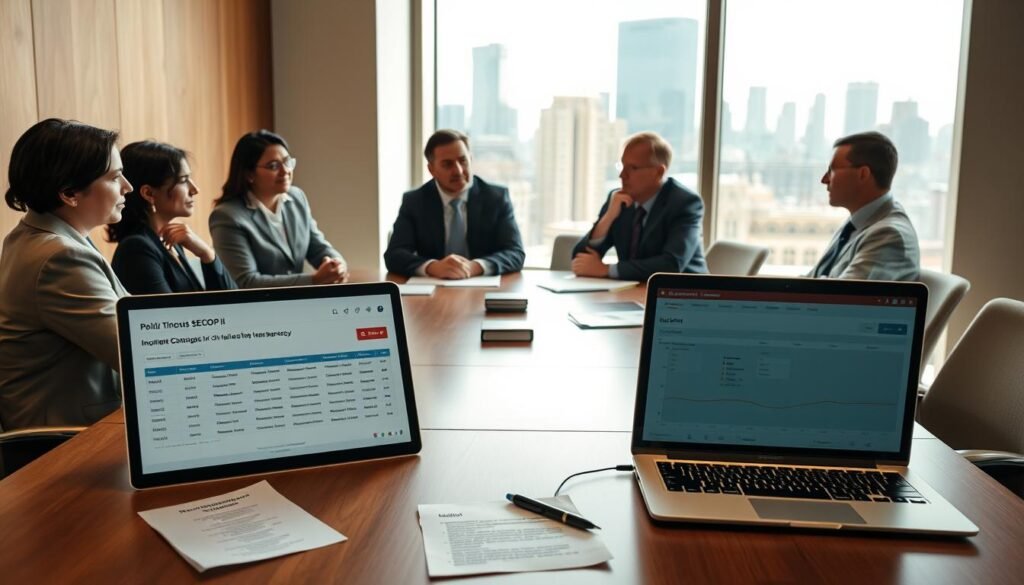 A professional meeting room with a long table set for a discussion on public contracting. The foreground features a laptop open to a SECOP II dashboard, showcasing incomplete data records, surrounded by documents and a notepad with a pen. In the middle ground, a diverse group of professionals in business attire, engaged in a thoughtful conversation, their expressions reflecting concern over transparency issues. The background reveals a large window with city skyline views, allowing natural light to bathe the room, creating an atmosphere of seriousness and focus. Soft shadows and a warm color palette enhance the mood of diligence and investigation in the pursuit of effective search strategies.