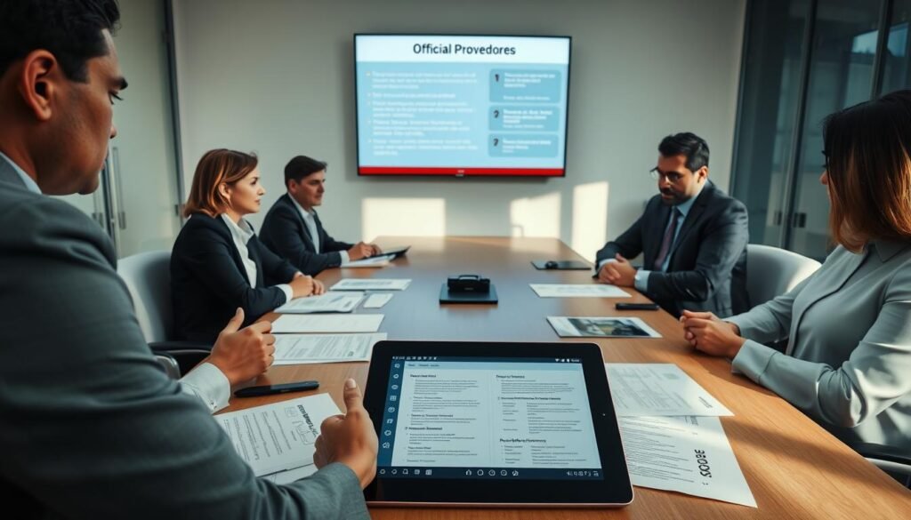 A professional meeting room with several "proveedores" (providers) engaged in discussion around a large conference table. In the foreground, focus on two individuals in professional business attire reviewing official SECOP II documents. In the middle, a layout of paperwork and a digital tablet showing formats and documents relevant to SECOP II, emphasizing clarity and organization. The background features a wall-mounted screen displaying key points about the registration process. Soft, natural lighting streams in from large windows, creating a cooperative and productive atmosphere. The camera angle is slightly above eye level, capturing the interaction while emphasizing the importance of the documents in the context of the meeting.