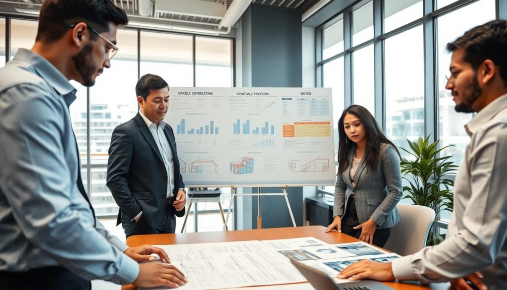A professional meeting scene focused on construction bidding and contracting in Colombia. In the foreground, a diverse group of three individuals in business attire engages in a discussion, surrounded by blueprints and documents related to construction projects. One person points to a detailed plan on the table, highlighting different bidding options. In the middle ground, a large whiteboard displays charts and graphs illustrating various types of contracting processes. The background features a bright, well-lit modern office environment with large windows, allowing natural light to flood the space. The atmosphere is collaborative and focused, conveying a sense of opportunity and professionalism, shot from a slightly elevated angle to capture the teamwork dynamic.
