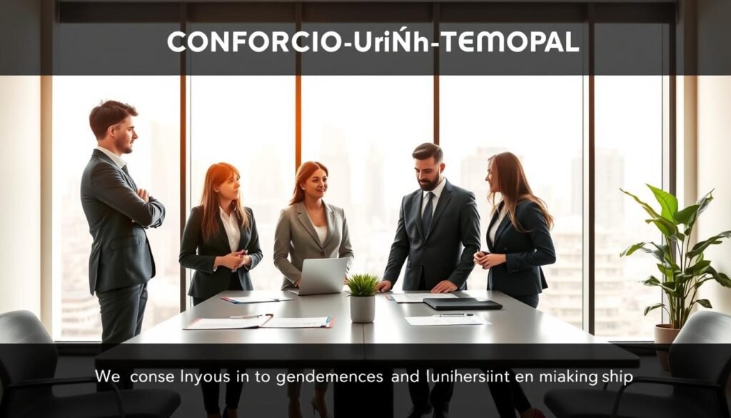 A professional meeting scene illustrating a "consorcio unión temporal" in Colombia. The foreground features a diverse group of four business individuals—two men and two women—dressed in formal business attire, engaged in a discussion around a sleek conference table with documents and laptops in front of them. The middle background showcases a large window with a view of a modern city skyline, symbolizing progress and collaboration. Soft, natural light filters through the glass, creating a warm and inviting atmosphere. In the background, a plant adds a touch of greenery, enhancing the professional setting. The overall mood is focused and innovative, highlighting key differences in choosing the right business partnership.