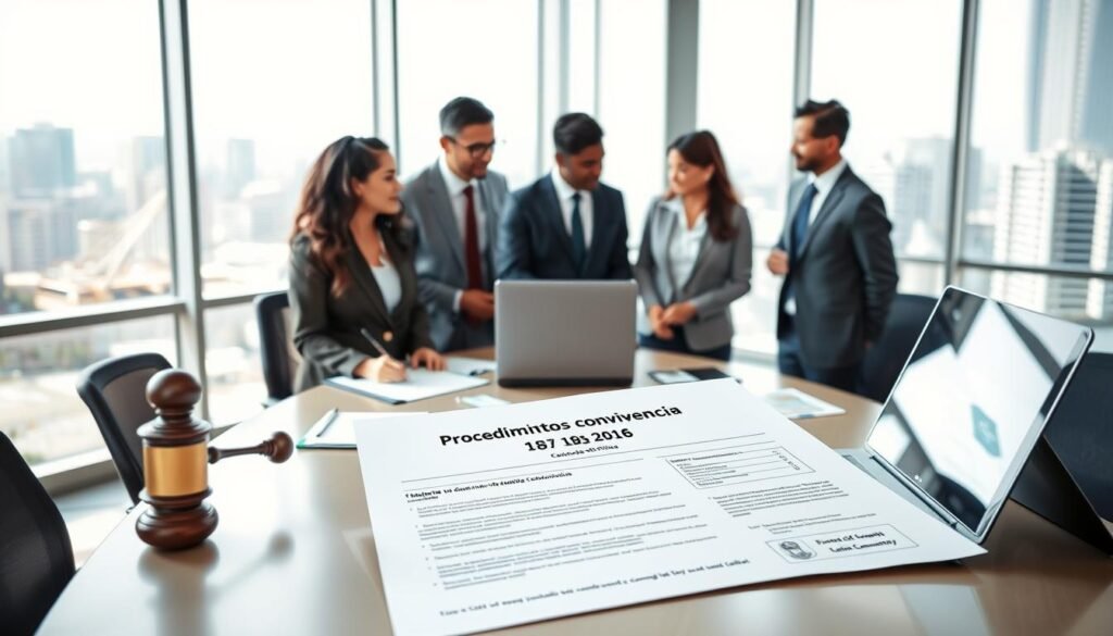 A professional meeting setting depicting the concept of "procedimientos convivencia" in the context of Colombia's Ley 1801 de 2016. In the foreground, a diverse group of three people in business attire, engaged in a discussion, with a legal document in front of them symbolizing the Code of Police. In the middle, a large table with notes, charts, and a laptop opened to a presentation about safety and community coexistence. The background features a modern, well-lit office with large windows showing a cityscape, creating a vibrant atmosphere. Natural light streams in, casting soft shadows and highlighting the seriousness of the topic, conveying a mood of professionalism and collaboration. A professional meeting setting depicting the concept of "procedimientos convivencia" in the context of Colombia's Ley 1801 de 2016. In the foreground, a diverse group of three people in business attire, engaged in a discussion, with a legal document in front of them symbolizing the Code of Police. In the middle, a large table with notes, charts, and a laptop opened to a presentation about safety and community coexistence. The background features a modern, well-lit office with large windows showing a cityscape, creating a vibrant atmosphere. Natural light streams in, casting soft shadows and highlighting the seriousness of the topic, conveying a mood of professionalism and collaboration.