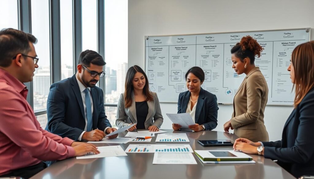 A professional meeting taking place in a modern office, focusing on a team of diverse business professionals discussing the public contracting process in Colombia. In the foreground, a group of four individuals (two men and two women, dressed in smart business attire), are gathered around a sleek conference table, reviewing documents and charts that display project timelines and budgets. In the middle ground, a large window showcases a vibrant cityscape, bringing in natural light that illuminates the workspace. The background features a whiteboard filled with diagrams outlining the contracting phases, creating an atmosphere of collaboration and transparency. The scene evokes a sense of efficiency and determination, emphasizing the meticulous nature of public procurement. The mood is professional and focused, captured from a slightly elevated angle to encompass the entire room's dynamic.