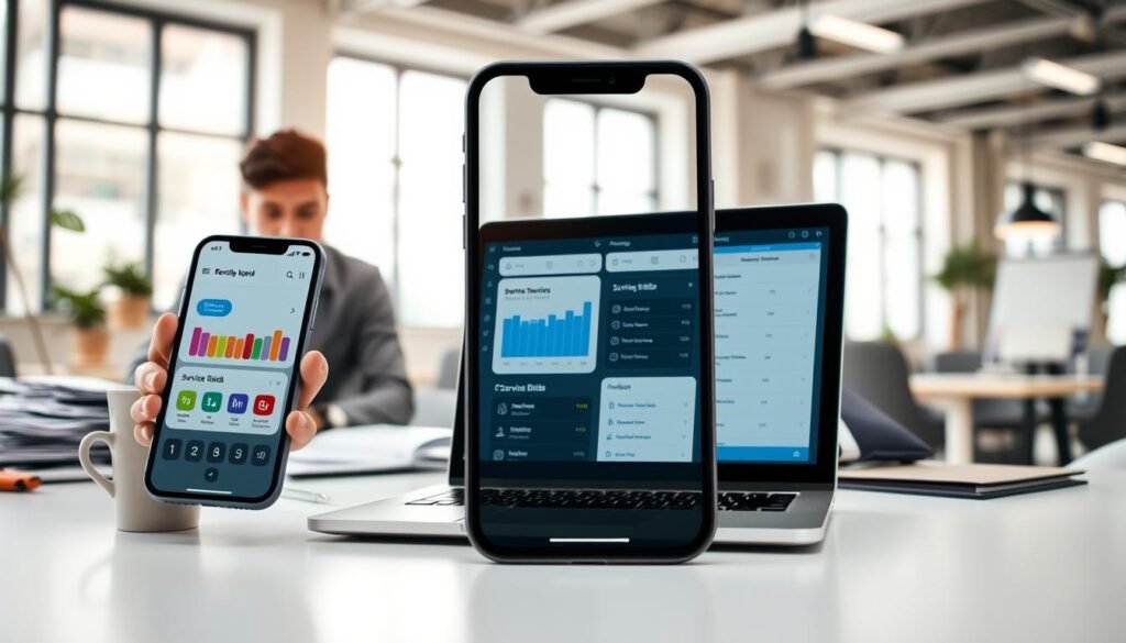 A professional mobile app interface displayed on a smartphone in the foreground, showing a dashboard with colorful graphs and notifications about service bids. A businessperson in smart casual attire is reviewing the app with focused intent, seated at a modern desk cluttered with documents and a coffee cup. In the middle ground, an open laptop with a split screen featuring a calendar and a checklist, reinforcing the theme of mobile management. The background depicts a bright, modern office space with large windows letting in natural light, creating an inviting atmosphere. The mood conveys productivity and efficiency, capturing the essence of managing service bidding processes seamlessly through mobile technology. A professional mobile app interface displayed on a smartphone in the foreground, showing a dashboard with colorful graphs and notifications about service bids. A businessperson in smart casual attire is reviewing the app with focused intent, seated at a modern desk cluttered with documents and a coffee cup. In the middle ground, an open laptop with a split screen featuring a calendar and a checklist, reinforcing the theme of mobile management. The background depicts a bright, modern office space with large windows letting in natural light, creating an inviting atmosphere. The mood conveys productivity and efficiency, capturing the essence of managing service bidding processes seamlessly through mobile technology.