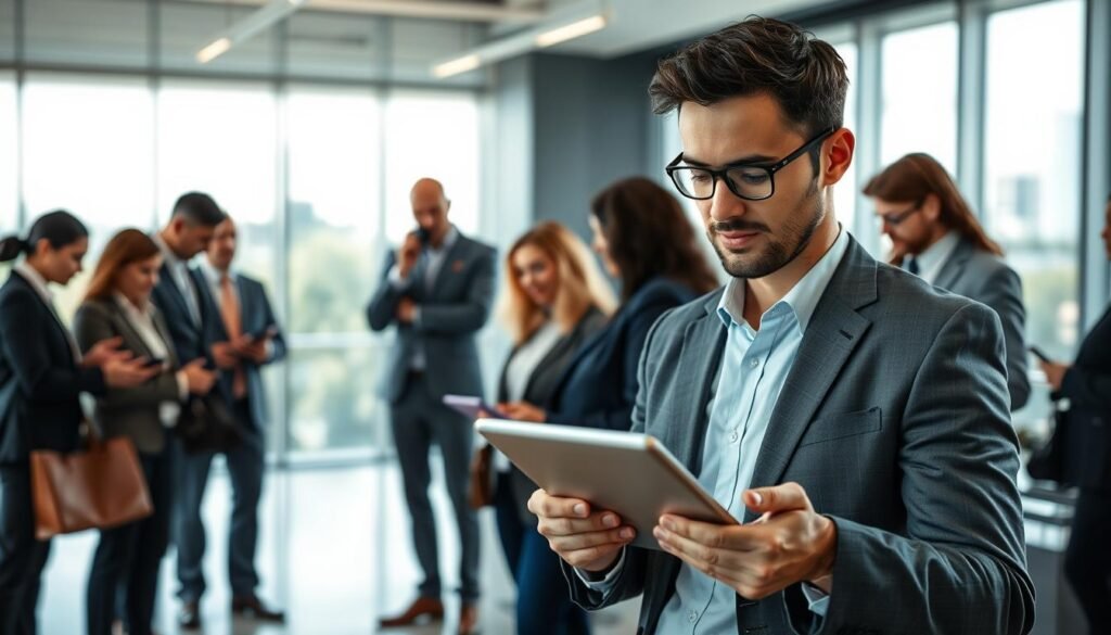 A professional, modern office environment filled with diverse professionals engaged in discussions about the Secop II platform. In the foreground, a confident, well-dressed supplier in business attire examines a digital tablet displaying relevant data. In the middle of the scene, various groupings depict a government representative, a citizen, and a journalist, each interacting with their devices, illustrating a collaboration on digital platforms. The background features a sleek office with large windows allowing natural light to flood in, creating a bright and inspiring atmosphere. The lens captures a slight depth of field, emphasizing the supplier in focus, while the other figures are softly blurred. The overall mood reflects professionalism, collaboration, and a commitment to transparency in public procurement. A professional, modern office environment filled with diverse professionals engaged in discussions about the Secop II platform. In the foreground, a confident, well-dressed supplier in business attire examines a digital tablet displaying relevant data. In the middle of the scene, various groupings depict a government representative, a citizen, and a journalist, each interacting with their devices, illustrating a collaboration on digital platforms. The background features a sleek office with large windows allowing natural light to flood in, creating a bright and inspiring atmosphere. The lens captures a slight depth of field, emphasizing the supplier in focus, while the other figures are softly blurred. The overall mood reflects professionalism, collaboration, and a commitment to transparency in public procurement.
