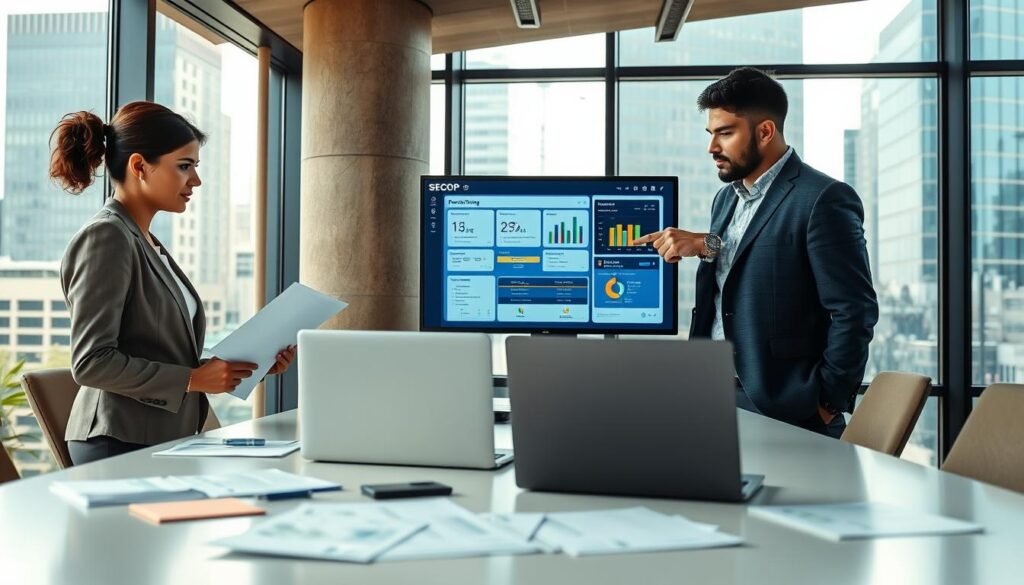 A professional, modern office setting depicting a team of diverse individuals collaborating on public works contracting through SECOP. In the foreground, a focused woman in a professional business outfit, reviewing documents on a laptop. Next to her, a man in a smart casual attire, pointing at a digital screen displaying the SECOP interface with process tracking visuals. The middle ground includes notes, charts, and an open laptop scattered across a sleek conference table. In the background, large windows allow natural light to fill the room, highlighting a lively urban environment outside. The atmosphere is dynamic and collaborative, capturing the essence of teamwork and opportunity in public contracting. Use a wide-angle lens to provide depth while maintaining a soft focus on the workplace details. A professional, modern office setting depicting a team of diverse individuals collaborating on public works contracting through SECOP. In the foreground, a focused woman in a professional business outfit, reviewing documents on a laptop. Next to her, a man in a smart casual attire, pointing at a digital screen displaying the SECOP interface with process tracking visuals. The middle ground includes notes, charts, and an open laptop scattered across a sleek conference table. In the background, large windows allow natural light to fill the room, highlighting a lively urban environment outside. The atmosphere is dynamic and collaborative, capturing the essence of teamwork and opportunity in public contracting. Use a wide-angle lens to provide depth while maintaining a soft focus on the workplace details.