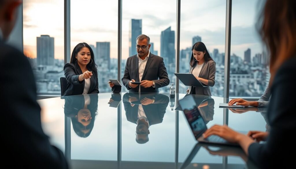 A professional, modern office setting showcasing a diverse group of individuals collaborating over a digital screen displaying the SECOP platform interface. In the foreground, a Hispanic woman in business attire points at the screen, her expression focused and engaged. Beside her, a middle-aged Black man takes notes, while a younger Asian woman types on a laptop. In the middle ground, a sleek, glass conference table reflects the soft overhead lighting, creating a warm atmosphere. In the background, large windows reveal a city skyline at dusk, enhancing the mood of ambition and professionalism. The image has a slightly blurred depth of field effect, drawing attention to the group while maintaining a clean and organized workspace aesthetic. A professional, modern office setting showcasing a diverse group of individuals collaborating over a digital screen displaying the SECOP platform interface. In the foreground, a Hispanic woman in business attire points at the screen, her expression focused and engaged. Beside her, a middle-aged Black man takes notes, while a younger Asian woman types on a laptop. In the middle ground, a sleek, glass conference table reflects the soft overhead lighting, creating a warm atmosphere. In the background, large windows reveal a city skyline at dusk, enhancing the mood of ambition and professionalism. The image has a slightly blurred depth of field effect, drawing attention to the group while maintaining a clean and organized workspace aesthetic.