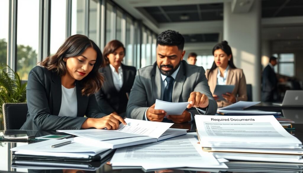 A professional office environment depicting a group of diverse individuals in business attire discussing 'requisitos habilitantes'. In the foreground, a confident Hispanic woman is reviewing documents on a table with a focused expression. Beside her, a middle-aged Black man points at a checklist on a notepad, ensuring clarity in their discussion. The middle ground features an array of organized papers and files, including an open folder labeled 'Required Documents'. The background shows a sleek, modern office with large windows letting in natural light, casting soft shadows. The atmosphere is collaborative and focused, conveying a sense of purpose and diligence in preparing for public bidding in Colombia.