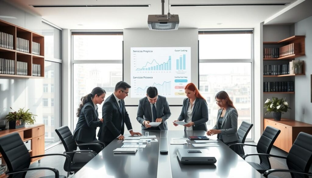 A professional office environment depicting "servicios profesionales" in action. In the foreground, a diverse group of professionals, dressed in business attire, collaboratively discussing documents and data on a sleek conference table. In the middle ground, large windows let in soft, natural light, illuminating modern office décor with urban views. A projector displays data analytics on a wall, signifying recent processes in central governance. In the background, shelves filled with legal books and a potted plant add a touch of warmth. The atmosphere is focused and dynamic, reflecting a sense of diligence and professionalism, with a cool color palette that enhances a serious yet engaging mood.
