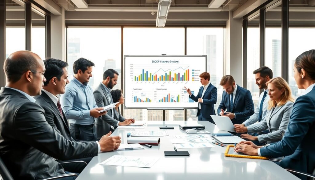 A professional office environment depicting various industry entities engaged in a collaborative meeting. In the foreground, a diverse group of individuals in business attire, including men and women of different ethnicities, are gathered around a modern conference table, examining documents and digital devices. In the middle ground, a large whiteboard displays graphs and charts related to SECOP II utilization across sectors, creating a strong emphasis on data analysis. The background features large windows with cityscape views, allowing natural light to flood the space, creating a bright and open atmosphere. The image should convey a mood of productivity and collaboration, highlighting the importance of identifying sectors that frequently use SECOP II for procurement.