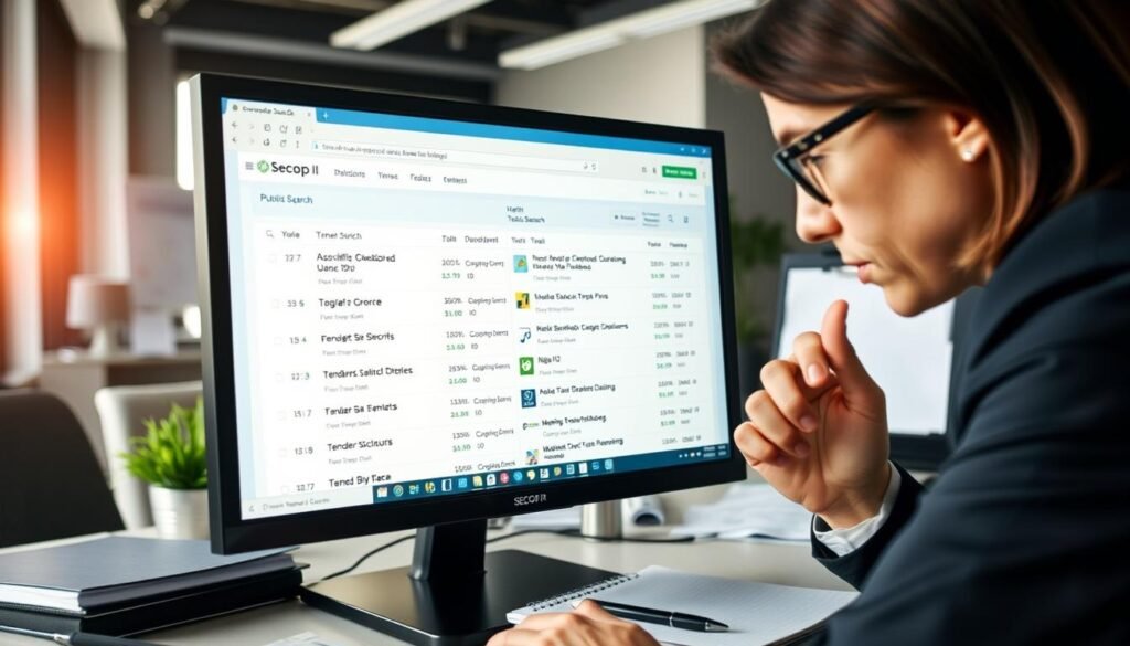 A professional office environment featuring a close-up view of a computer screen displaying the Secop II public search interface, with various tender listings visible. In the foreground, a business professional dressed in business attire thoughtfully examines the screen, with a focused expression. The middle ground includes office supplies, a notepad, and a pen beside the computer, emphasizing the investigative process. In the background, soft natural light filters through a window, creating a warm and inviting atmosphere. The camera angle is slightly tilted to highlight the interaction with the digital platform. The overall mood is one of diligence and professionalism, capturing the essence of navigating public searches for tenders. A professional office environment featuring a close-up view of a computer screen displaying the Secop II public search interface, with various tender listings visible. In the foreground, a business professional dressed in business attire thoughtfully examines the screen, with a focused expression. The middle ground includes office supplies, a notepad, and a pen beside the computer, emphasizing the investigative process. In the background, soft natural light filters through a window, creating a warm and inviting atmosphere. The camera angle is slightly tilted to highlight the interaction with the digital platform. The overall mood is one of diligence and professionalism, capturing the essence of navigating public searches for tenders.