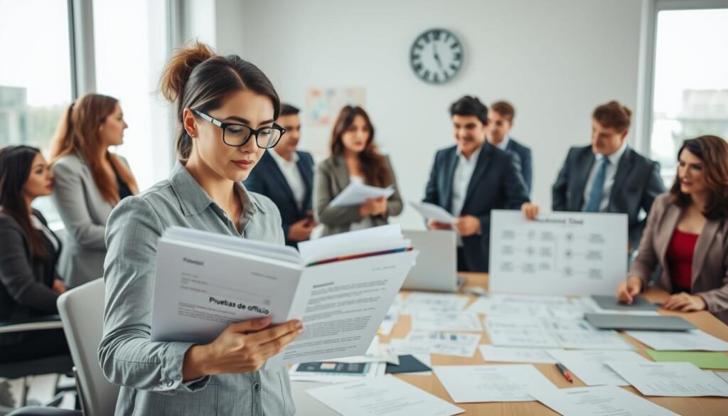 A professional office environment featuring a diverse group of individuals in business attire engaged in a collaborative discussion about public administration regulations. In the foreground, a focused woman with glasses analyzes a stack of documents labeled "Pruebas de oficio" while taking notes. The middle layer includes a table scattered with various papers, laptops, and a whiteboard detailing a flowchart of procedural steps. In the background, large windows allow soft, natural light to fill the room, creating a bright and inviting atmosphere. A wall clock shows late morning, enhancing the sense of urgency and preparation. The overall mood is serious yet collaborative, emphasizing the importance of understanding necessary documentation in public service functions.