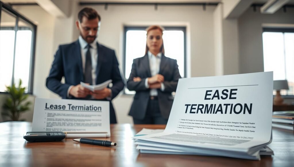 A professional office environment featuring a lease termination notice displayed prominently on a wooden desk. In the foreground, a neatly arranged stack of documents with a pen and a calculator is visible. In the middle, a business professional dressed in formal attire reviews the documents with a focused expression, while a second professional stands nearby, contemplating the termination notice with a concerned look. The background includes a large window through which soft, natural light streams in, illuminating the space. The atmosphere is tense yet controlled, capturing a moment of important discussions regarding lease agreements. Use a clear depth of field to emphasize the subjects while maintaining a crisp background.