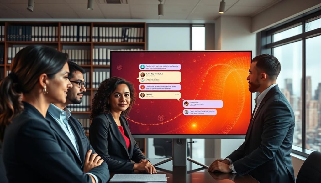 A professional office environment featuring a virtual chat interface on a sleek computer screen, with a focus on vibrant digital elements illustrating "trazabilidad" or traceability. In the foreground, a diverse group of professionals in business attire, including a Hispanic woman and an African American man, are engaged in a discussion, their expressions serious yet determined. The middle layer shows a large monitor displaying a chat interface with icons symbolizing legal procedures, enveloped in a warm, inviting glow. The background features bookshelves filled with legal documents and a city skyline visible through a window, reflecting a modern and empowering atmosphere. The lighting is soft and focused, emphasizing professionalism and clarity, ideal for conveying the importance of using virtual chat for legal matters.