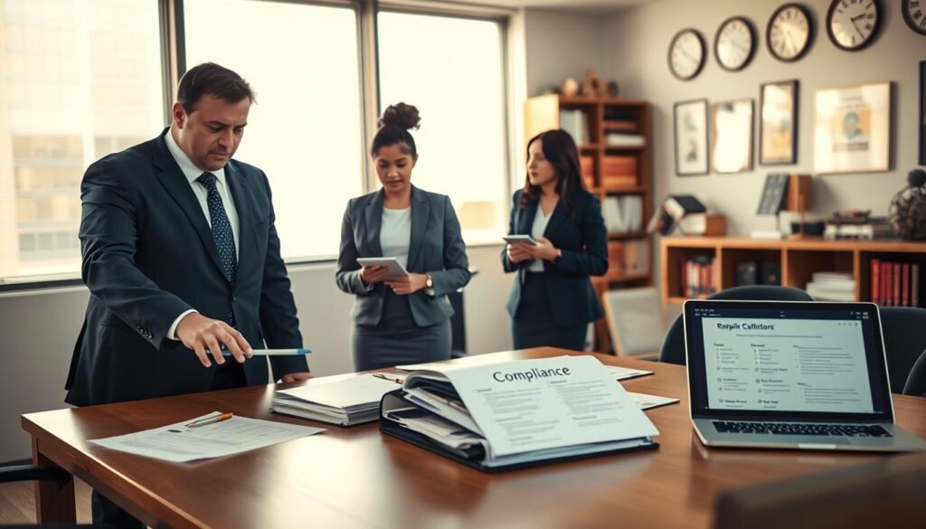 A professional office environment focused on compliance, featuring a diverse group of business professionals discussing contract documents and regulations. In the foreground, a man in a navy suit points at a contract on the table, while a woman in a business skirt and blazer takes notes on a notepad. In the middle, a wooden table is cluttered with folders labeled "Compliance" and "Regulations," alongside a laptop displaying a compliance checklist. The background shows a large window with soft, natural light flooding the room, casting a warm glow over the scene. Elements of a corporate setting, like a bookshelf filled with legal texts and certificates on the wall, enhance the atmosphere of diligence and professionalism, emphasizing the importance of anti-corruption filters in public contracting.