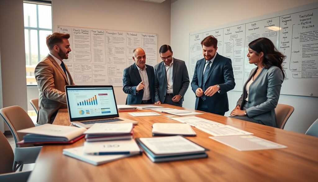 A professional office environment, focusing on a modern conference table covered with open documents, folders, and a laptop displaying graphs of public information management. In the foreground, a diverse group of three professionals—two men and one woman—are engaged in a discussion, dressed in business attire, pointing at the documents. The background features a large window with natural light flooding the room, casting a warm glow on the scene. On the wall, a large whiteboard filled with organized notes and flowcharts on information management practices related to public information. The atmosphere is collaborative and productive, reflecting a serious yet optimistic approach to understanding the management of public data. A professional office environment, focusing on a modern conference table covered with open documents, folders, and a laptop displaying graphs of public information management. In the foreground, a diverse group of three professionals—two men and one woman—are engaged in a discussion, dressed in business attire, pointing at the documents. The background features a large window with natural light flooding the room, casting a warm glow on the scene. On the wall, a large whiteboard filled with organized notes and flowcharts on information management practices related to public information. The atmosphere is collaborative and productive, reflecting a serious yet optimistic approach to understanding the management of public data.