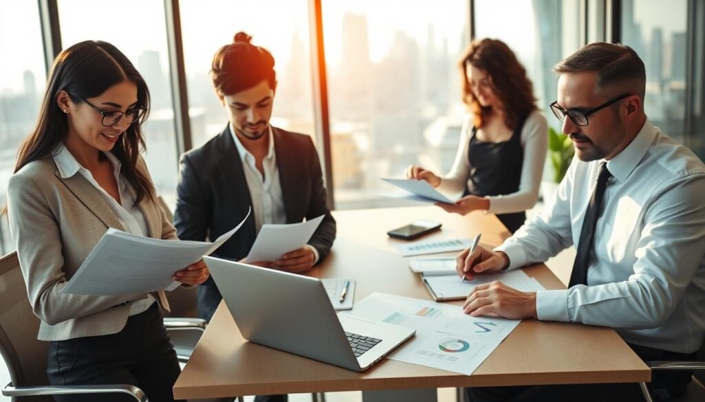 A professional office environment focusing on auction-related roles. In the foreground, a diverse group of three individuals dressed in business attire; a woman reviewing documents, an assistant making notes, and an analyst analyzing data on a laptop. In the middle ground, a modern conference table with paperwork, charts, and a laptop, indicating a collaborative atmosphere. The background features a large window with natural light flooding the space, revealing a city skyline. The lighting is bright and inviting, creating an atmosphere of productivity and teamwork. The angle is slightly elevated, showcasing the professionals at work, emphasizing their roles and task-oriented demeanor. A professional office environment focusing on auction-related roles. In the foreground, a diverse group of three individuals dressed in business attire; a woman reviewing documents, an assistant making notes, and an analyst analyzing data on a laptop. In the middle ground, a modern conference table with paperwork, charts, and a laptop, indicating a collaborative atmosphere. The background features a large window with natural light flooding the space, revealing a city skyline. The lighting is bright and inviting, creating an atmosphere of productivity and teamwork. The angle is slightly elevated, showcasing the professionals at work, emphasizing their roles and task-oriented demeanor.