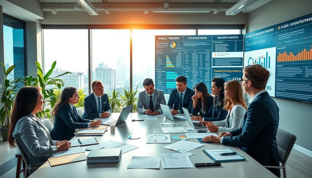 A professional office environment highlighting public contracting. In the foreground, a diverse group of business professionals in formal attire, engaged in a discussion around a large table filled with papers, charts, and laptops. The middle ground features a modern office filled with natural light streaming through large windows, showcasing plants and a cityscape view. In the background, a digital display board highlights various public tender announcements and procurement data. The scene is well-lit, with a warm ambiance reflecting collaboration and opportunity. Capture a vibrant atmosphere of innovation and professionalism, emphasizing the importance of public bidding processes in Colombia. A professional office environment highlighting public contracting. In the foreground, a diverse group of business professionals in formal attire, engaged in a discussion around a large table filled with papers, charts, and laptops. The middle ground features a modern office filled with natural light streaming through large windows, showcasing plants and a cityscape view. In the background, a digital display board highlights various public tender announcements and procurement data. The scene is well-lit, with a warm ambiance reflecting collaboration and opportunity. Capture a vibrant atmosphere of innovation and professionalism, emphasizing the importance of public bidding processes in Colombia.