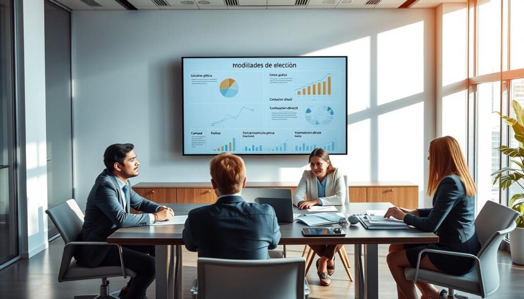A professional office environment illustrating the concept of "modalidades de selección" in public contracting. In the foreground, display a diverse group of three business professionals, one male and two females, engaged in a dynamic discussion around a large table filled with documents, charts, and a laptop, all dressed in formal business attire. In the middle ground, infographics showcasing 'licitación pública', 'contratación directa', and other selection modalities are elegantly arranged on a wall-mounted screen, with clear, replicable graphs. The background features a modern office setting with large windows allowing natural light to flood the space, casting soft shadows. The atmosphere should convey a blend of professionalism and collaboration, with a focus on strategic planning. The color palette should be warm and inviting, using soft blues and grays to create an engaging environment. A professional office environment illustrating the concept of "modalidades de selección" in public contracting. In the foreground, display a diverse group of three business professionals, one male and two females, engaged in a dynamic discussion around a large table filled with documents, charts, and a laptop, all dressed in formal business attire. In the middle ground, infographics showcasing 'licitación pública', 'contratación directa', and other selection modalities are elegantly arranged on a wall-mounted screen, with clear, replicable graphs. The background features a modern office setting with large windows allowing natural light to flood the space, casting soft shadows. The atmosphere should convey a blend of professionalism and collaboration, with a focus on strategic planning. The color palette should be warm and inviting, using soft blues and grays to create an engaging environment.