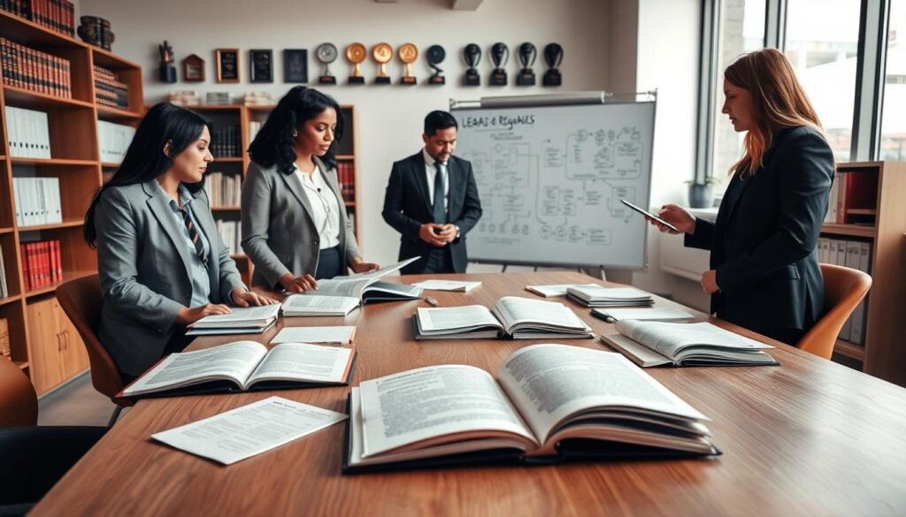 A professional office environment showcasing a collaborative workspace dedicated to legal and regulatory research. In the foreground, a sleek wooden table is covered with open books, documents, and a modern laptop displaying a digital interface for accessing "Reglas de Pruebas y Solicitud." A diverse group of three business professionals, dressed in smart casual attire, closely examine the materials, engaged in discussion. In the middle ground, a large whiteboard filled with flowcharts and diagrams illustrating processes related to regulatory management can be seen. The background features shelves filled with legal books and awards, while large windows allow soft, natural light to filter in, creating a warm, inviting atmosphere. The mood reflects focus and collaborative energy, perfect for a study or workshop setting.
