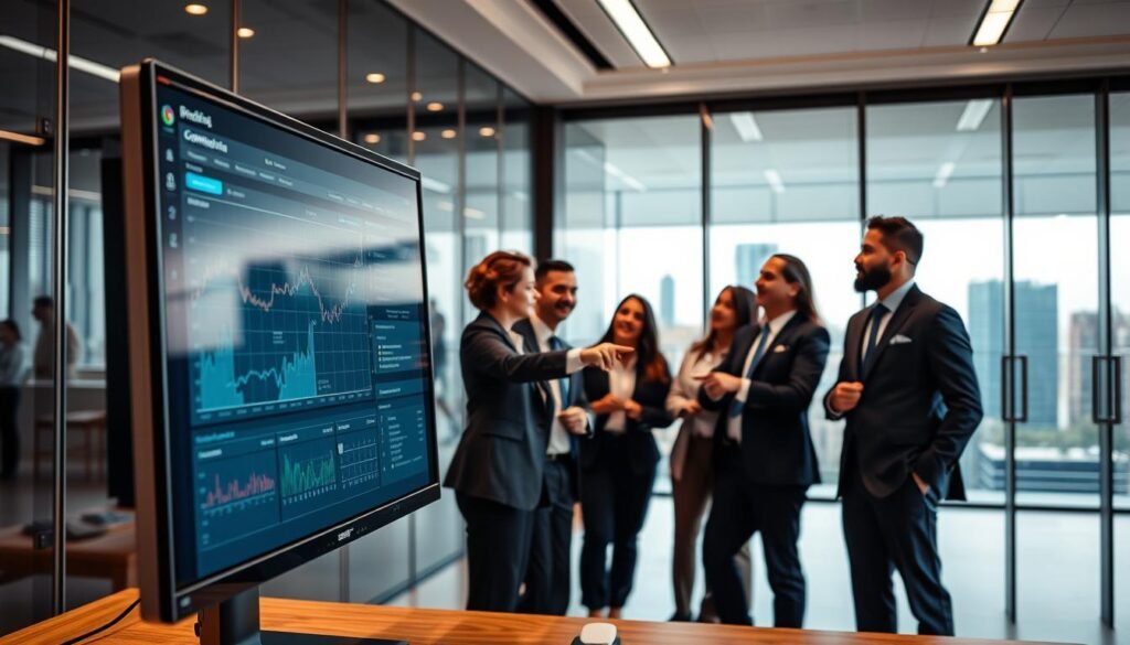 A professional office environment showcasing a digital monitoring system for bidding opportunities in Colombia. In the foreground, a large, sleek computer screen displays an intricate dashboard with graphs and metrics related to food procurement bids. In the middle ground, a diverse group of business professionals in formal attire discusses strategies, pointing at the screen with engaged expressions. The background features a modern office with glass walls and city views, illuminated by natural light, enhancing focus and clarity. The atmosphere is collaborative and dynamic, emphasizing urgency and efficiency in the bidding process, highlighting the importance of timely access to tenders. The overall composition should convey professionalism and innovation, with warm tones and soft lighting to create an inviting workspace ambiance.