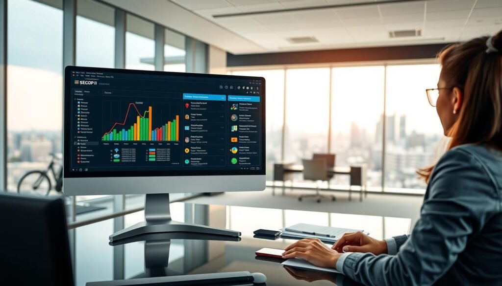 A professional office environment showcasing a digital workspace dedicated to public bidding in Colombia. In the foreground, a computer screen displays the SECOP II interface with colorful graphs and detailed listings of public tenders. A person in business attire, focused and engaged, sits at the desk, with additional documents and a smartphone beside them. In the middle layer, a sophisticated office setup is visible, featuring modern furniture and a large window allowing natural light to illuminate the space, creating a bright and inviting atmosphere. The background hints at a city skyline, subtly visible through the window, representing Colombia's urban landscape. The image exudes a sense of productivity and professionalism, reflecting the importance of effective public procurement processes.