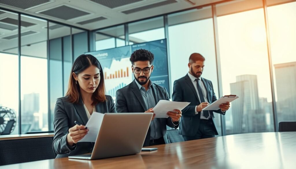 A professional office environment showcasing a diverse group of business people engaged in the contracting process. In the foreground, a woman in business attire is analyzing documents on her laptop, while a man in professional clothing is making notes on a notepad. In the middle, a large screen displays graphs and charts related to procurement and project management. The background reveals a glass wall with a view of a sunny cityscape, symbolizing transparency and progress. The lighting is bright and natural, creating an inspiring atmosphere. Use a wide-angle lens to capture the depth of the space, emphasizing collaboration and focus on efficient contracting processes.