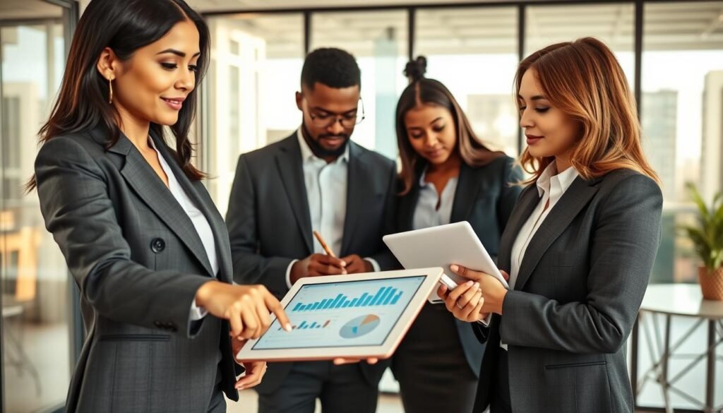 A professional office environment showcasing a diverse group of business professionals engaged in a collaborative meeting focused on evaluating opportunities in SECOP. In the foreground, a Hispanic woman in a tailored suit points at a digital tablet displaying charts and graphs. In the middle ground, an African American man in business attire takes notes, while a Caucasian woman discusses strategies with her colleagues. The background features a modern office with a large window, allowing natural light to flood the room, highlighting the urgency and seriousness of their work. The atmosphere is dynamic and focused, emphasizing teamwork and analytical thinking. Soft, warm lighting enhances the professionalism of the scene, captured at a slightly elevated angle to emphasize engagement.