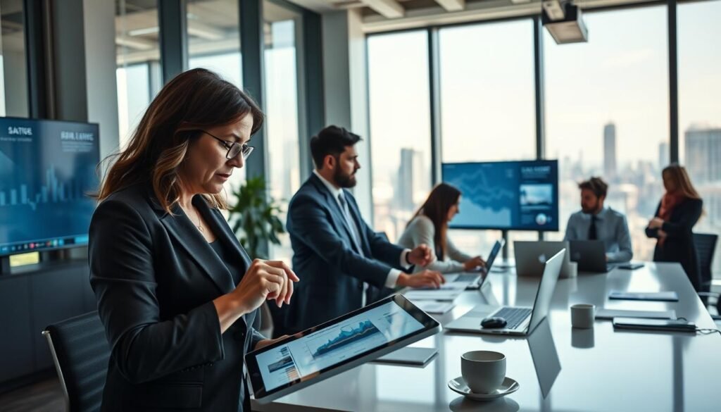 A professional office environment showcasing a diverse group of businesspeople analyzing data on multiple digital screens. In the foreground, a middle-aged woman in professional attire, closely examining a chart on a tablet. In the middle, a group of three colleagues, including a man and a woman, engaged in a discussion over a large conference table filled with documents and gadgets, like laptops and coffee cups. In the background, large windows reveal a city skyline, allowing soft natural light to illuminate the room, creating a vibrant and dynamic atmosphere. The mood is focused and collaborative, emphasizing teamwork and innovation in the context of searching for results through various criteria in SECOP.