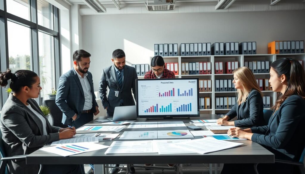A professional office environment showcasing a diverse team collaborating on a public procurement process. In the foreground, a group of four individuals—two men and two women—are discussing over a laptop, dressed in smart business attire. The middle ground features a large table strewn with documents, charts, and a digital display showing graphs related to procurement data. In the background, there are shelves filled with binders labeled with various procurement categories. Natural light streams in from large windows, creating a bright and inviting atmosphere. The overall mood should reflect teamwork, professionalism, and efficiency in managing procurement processes, all set within a modern office space.