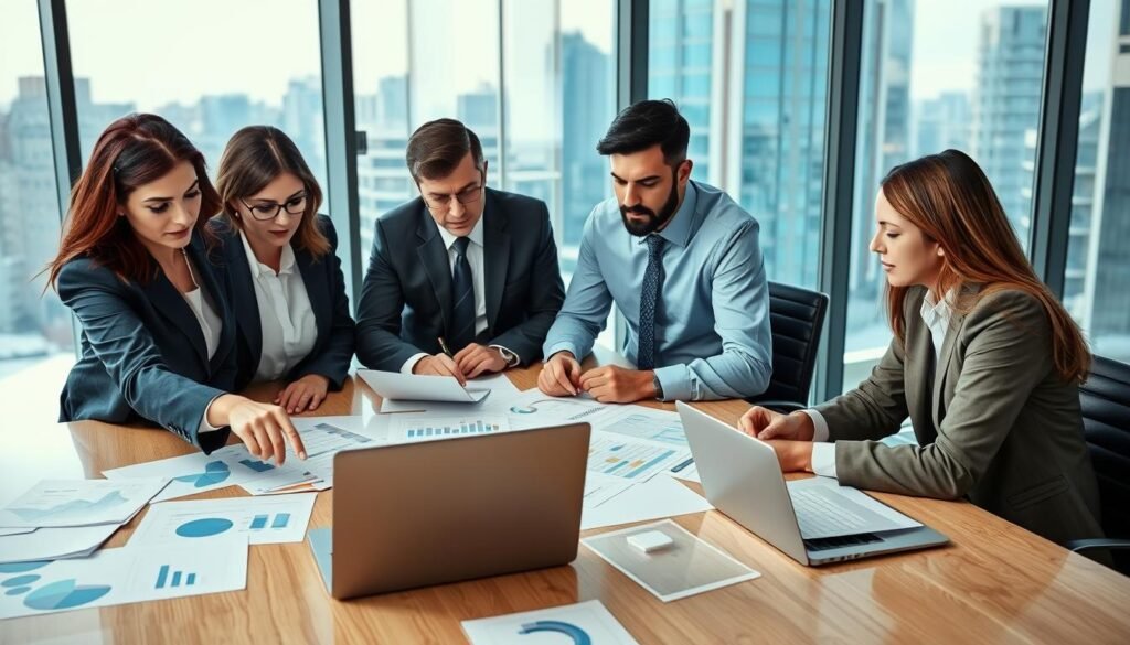 A professional office environment showcasing a diverse team of business professionals gathered around a large conference table, intently analyzing documents and charts on laptops and printed reports. In the foreground, a focused woman in a smart business suit points at a laptop screen, indicating key data to her colleagues. In the middle ground, two men in professional attire engage in a discussion, with graphs and project outlines scattered across the table. The background features a large window with city views, allowing natural light to illuminate the room, creating a productive and collaborative atmosphere. The composition conveys determination and strategic planning, emphasizing the essence of advanced search processes for real opportunities in a public bidding context. A professional office environment showcasing a diverse team of business professionals gathered around a large conference table, intently analyzing documents and charts on laptops and printed reports. In the foreground, a focused woman in a smart business suit points at a laptop screen, indicating key data to her colleagues. In the middle ground, two men in professional attire engage in a discussion, with graphs and project outlines scattered across the table. The background features a large window with city views, allowing natural light to illuminate the room, creating a productive and collaborative atmosphere. The composition conveys determination and strategic planning, emphasizing the essence of advanced search processes for real opportunities in a public bidding context.