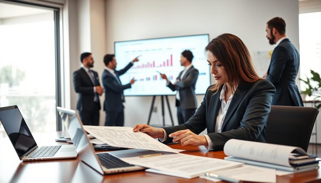 A professional office environment showcasing a diverse team of businesspeople engaging in contract management and execution. In the foreground, a confident woman in a tailored suit examines a detailed contract on her desk, with a laptop and legal documents scattered around. In the middle ground, two colleagues are engaged in discussion, pointing at a digital screen displaying graphs and contract timelines. The background features a large window allowing natural light to fill the room, casting a warm ambiance. The atmosphere is focused and productive, highlighting the importance of legal advice in managing state contracts in Colombia. Use a soft focus for background elements to emphasize the foreground activity. Capture this scene with bright, natural lighting, emphasizing clarity and professionalism. A professional office environment showcasing a diverse team of businesspeople engaging in contract management and execution. In the foreground, a confident woman in a tailored suit examines a detailed contract on her desk, with a laptop and legal documents scattered around. In the middle ground, two colleagues are engaged in discussion, pointing at a digital screen displaying graphs and contract timelines. The background features a large window allowing natural light to fill the room, casting a warm ambiance. The atmosphere is focused and productive, highlighting the importance of legal advice in managing state contracts in Colombia. Use a soft focus for background elements to emphasize the foreground activity. Capture this scene with bright, natural lighting, emphasizing clarity and professionalism.