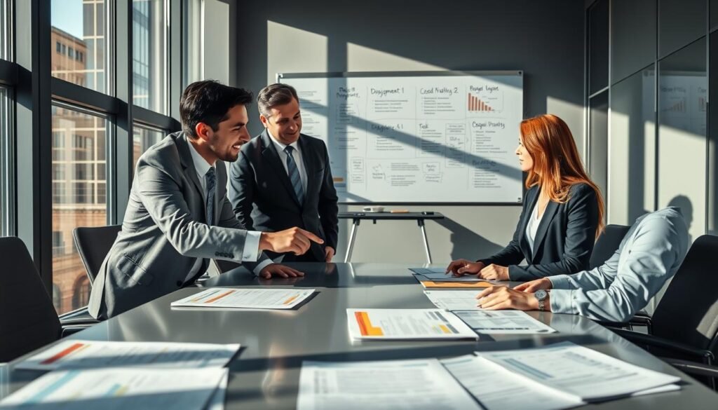 A professional office environment showcasing an analysis process of project documents. In the foreground, a diverse group of three consultants—two men and one woman—wearing business attire, are gathered around a sleek conference table covered with various colorful project bids and requirements documents. One consultant points to a highlighted section on a document. In the middle ground, a whiteboard filled with notes and diagrams about risk management and compliance processes enhances the focus on strategic analysis. The background features large windows letting in natural light, casting soft shadows that create a productive atmosphere. The overall mood is focused and collaborative, reflecting a professional consulting service dedicated to meticulous attention to detail and client success. A professional office environment showcasing an analysis process of project documents. In the foreground, a diverse group of three consultants—two men and one woman—wearing business attire, are gathered around a sleek conference table covered with various colorful project bids and requirements documents. One consultant points to a highlighted section on a document. In the middle ground, a whiteboard filled with notes and diagrams about risk management and compliance processes enhances the focus on strategic analysis. The background features large windows letting in natural light, casting soft shadows that create a productive atmosphere. The overall mood is focused and collaborative, reflecting a professional consulting service dedicated to meticulous attention to detail and client success.