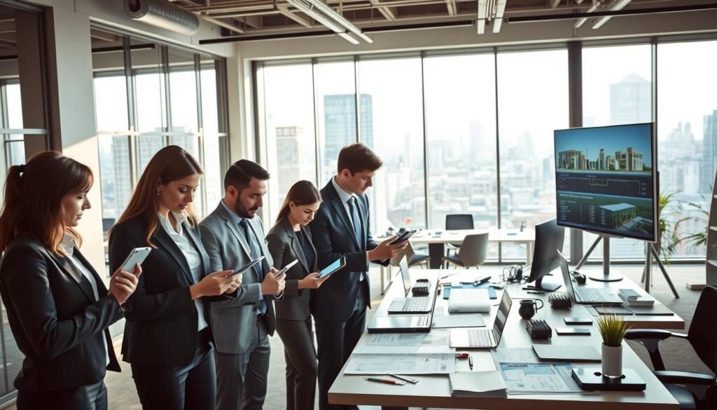 A professional office environment showcasing mobile document management for construction bidding processes. In the foreground, a diverse group of professionals in smart business attire is collaborating over digital tablets and laptops, examining architectural plans and project documents. In the middle ground, a sleek, modern workstation filled with paperless technology, digital tools, and a large screen displaying construction project timelines. In the background, large windows allow natural light to flood the room, creating an atmosphere of productivity and focus, with cityscape views hinting at opportunities outside. The mood is efficient and organized, emphasizing the theme of error-free document management for construction tenders. A professional office environment showcasing mobile document management for construction bidding processes. In the foreground, a diverse group of professionals in smart business attire is collaborating over digital tablets and laptops, examining architectural plans and project documents. In the middle ground, a sleek, modern workstation filled with paperless technology, digital tools, and a large screen displaying construction project timelines. In the background, large windows allow natural light to flood the room, creating an atmosphere of productivity and focus, with cityscape views hinting at opportunities outside. The mood is efficient and organized, emphasizing the theme of error-free document management for construction tenders.